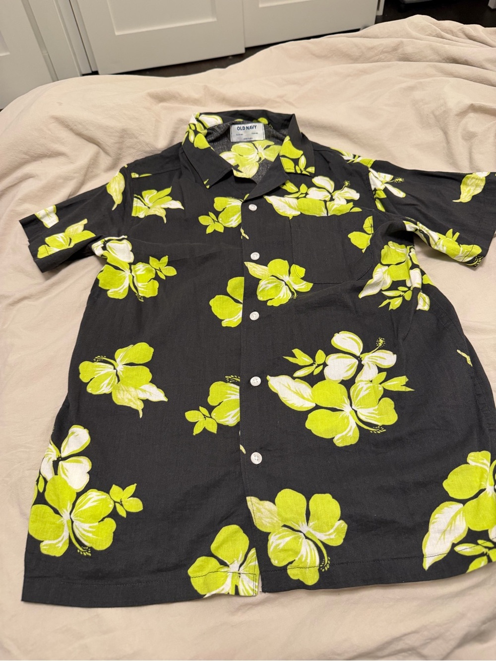 Old Navy Black and Lime Green Floral Button-Down Shirt